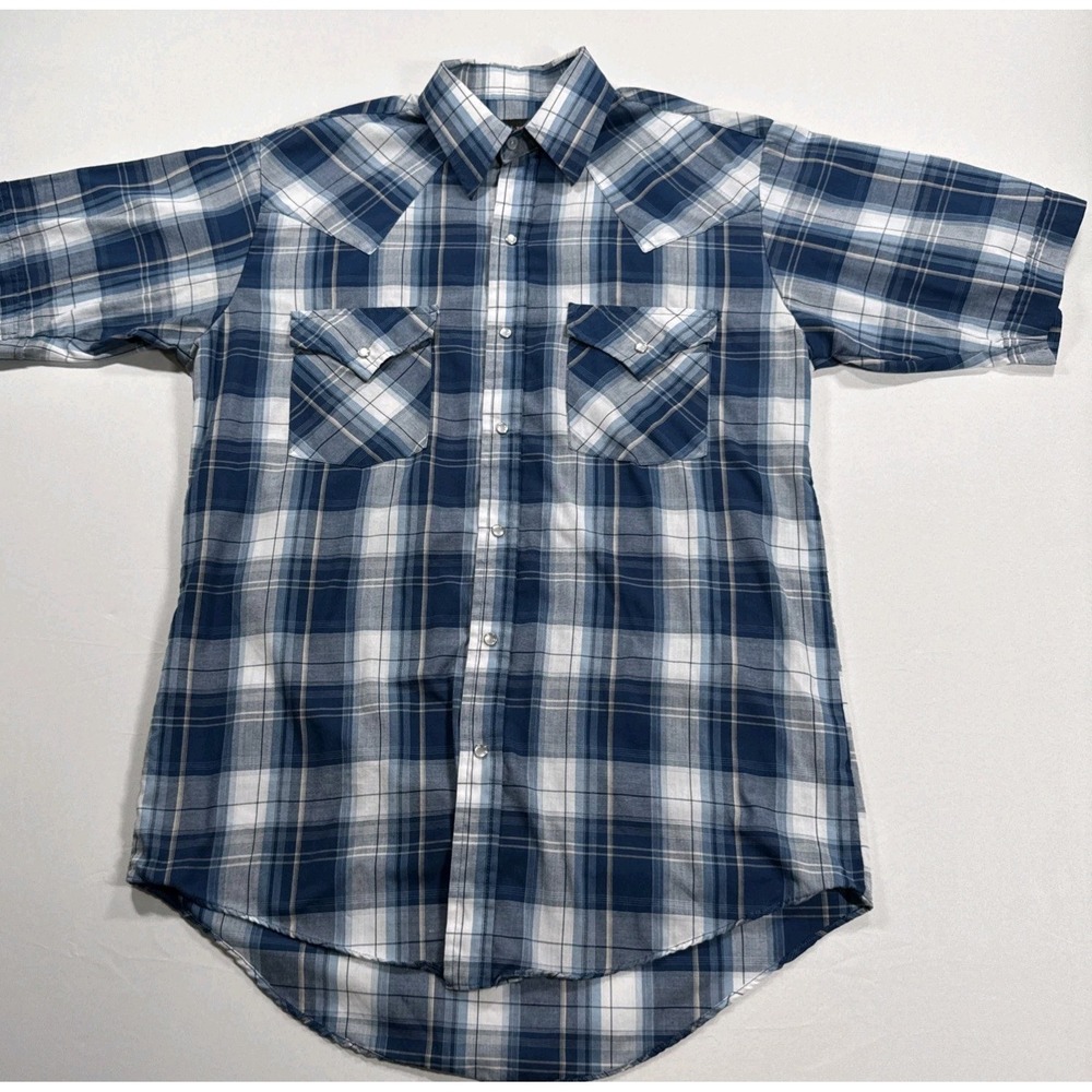 Plains Western wear Pearl Snap Short Sleeve Shirt Size S Blue/white Plaid